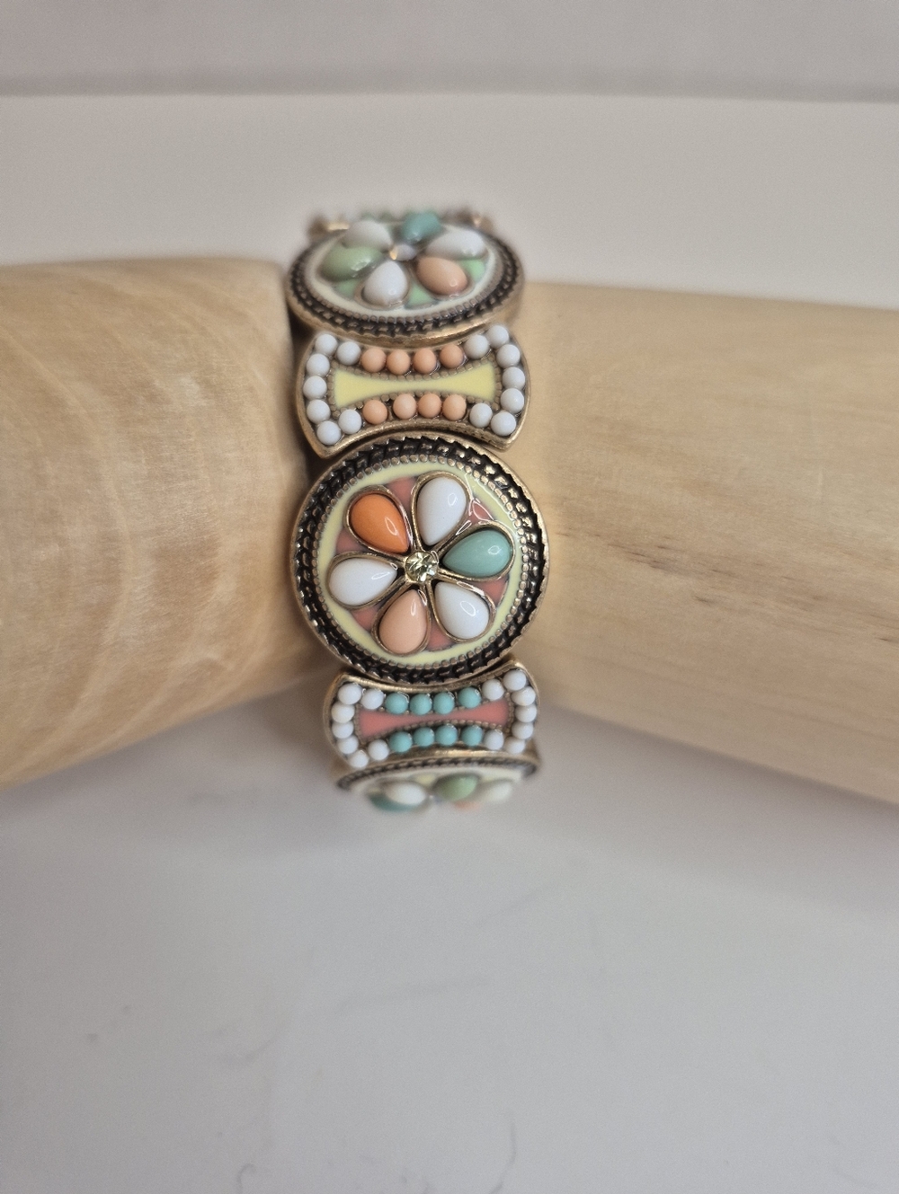 Vintage Multicolor Floral Flower Blossom Multi Disc Tile Stretch Bracelet
